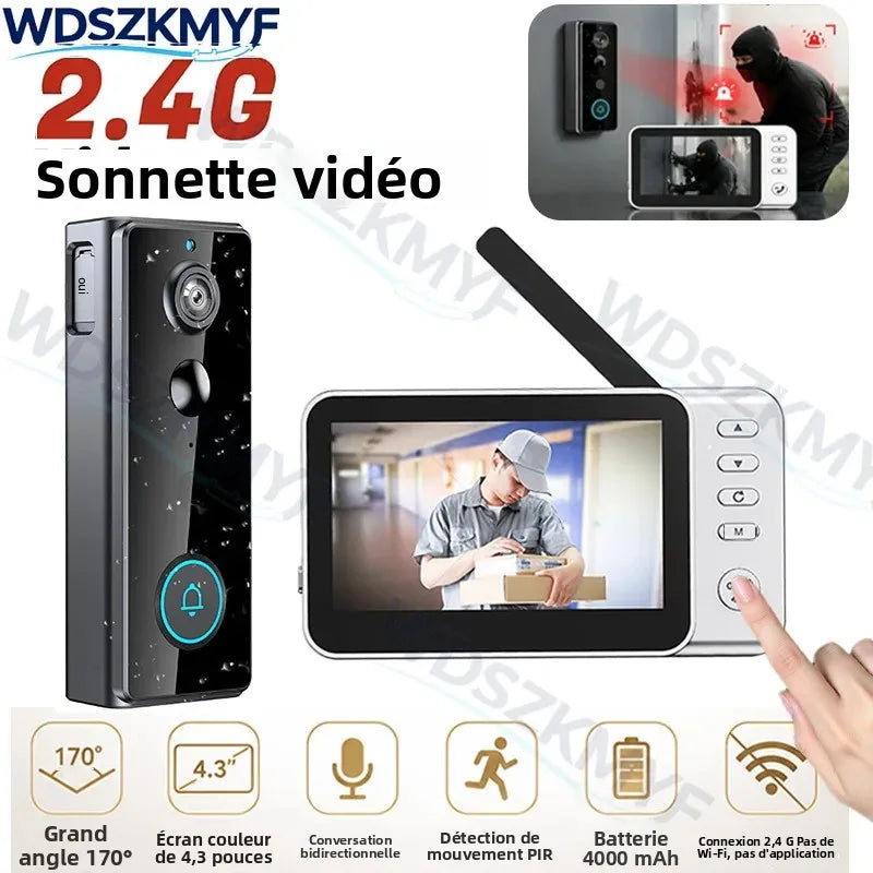 Sonnette Vidéo Sans Fil Écran IPS 4,3" IP65 Intercom 2,4G Vision Nocturne – CLEVI Paris