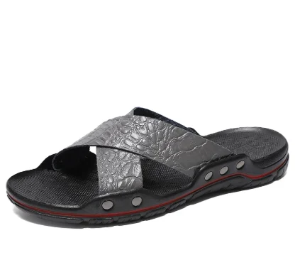 Fashion New Men's Crocodile Embossed Leather Slippers Casual Sandals For Men Summer Open Toe Beach Garden Shoes Flip Flops