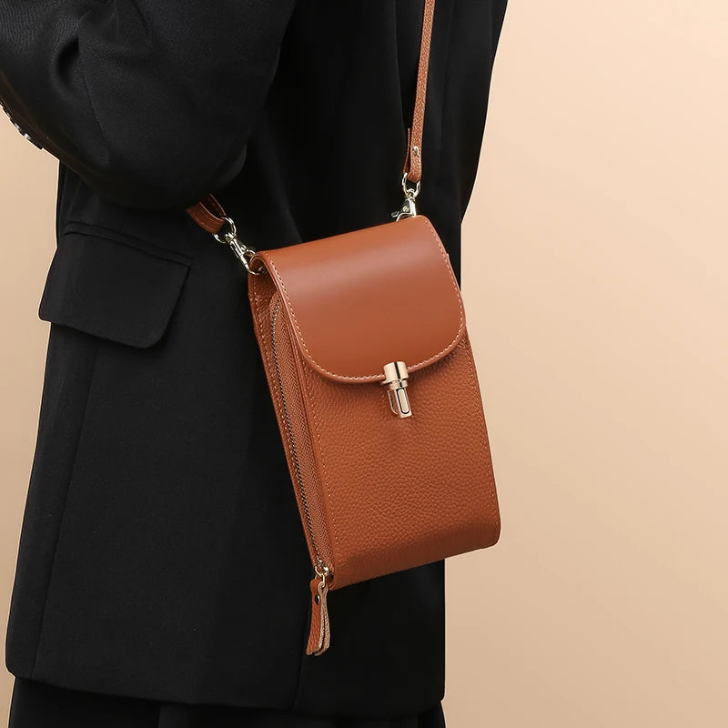 Sac Bandoulière Femme en Cuir Véritable – 8 Compartiments Carte, Poche Zippée