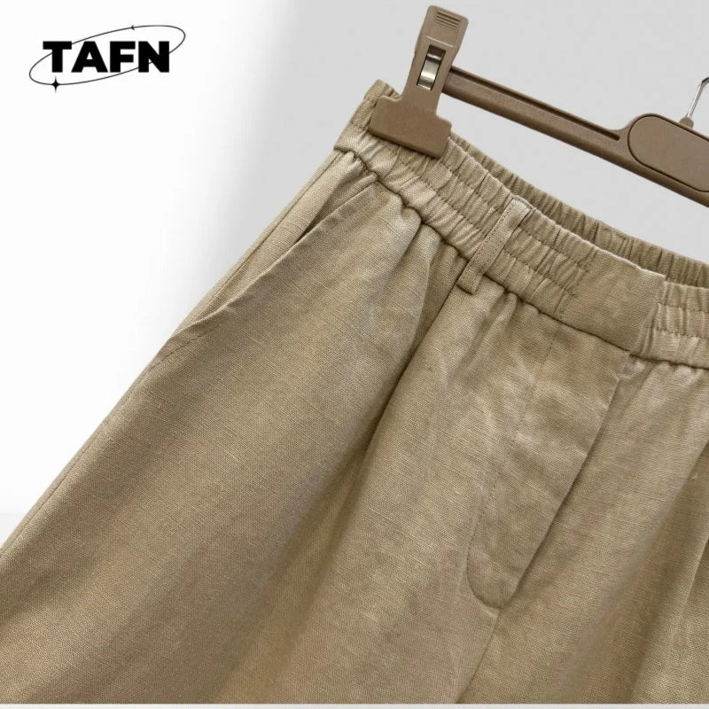 Pantalon Large Femme Taille Mi-Haute À Carreaux Coton Soie Coupe Ample Longueur Mollet Élégant OL Beige – CLEVI Paris