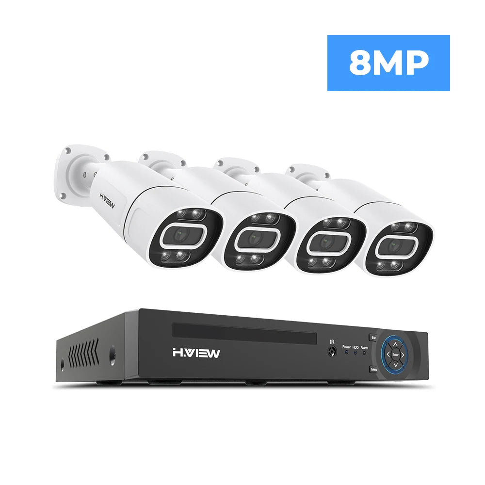 Kit Vidéosurveillance POE H.View 4K – Caméras 5MP/8MP, NVR 8CH H.265, Détection de Personnes, Vision Nocturne Couleur, Audio Bidirectionnel