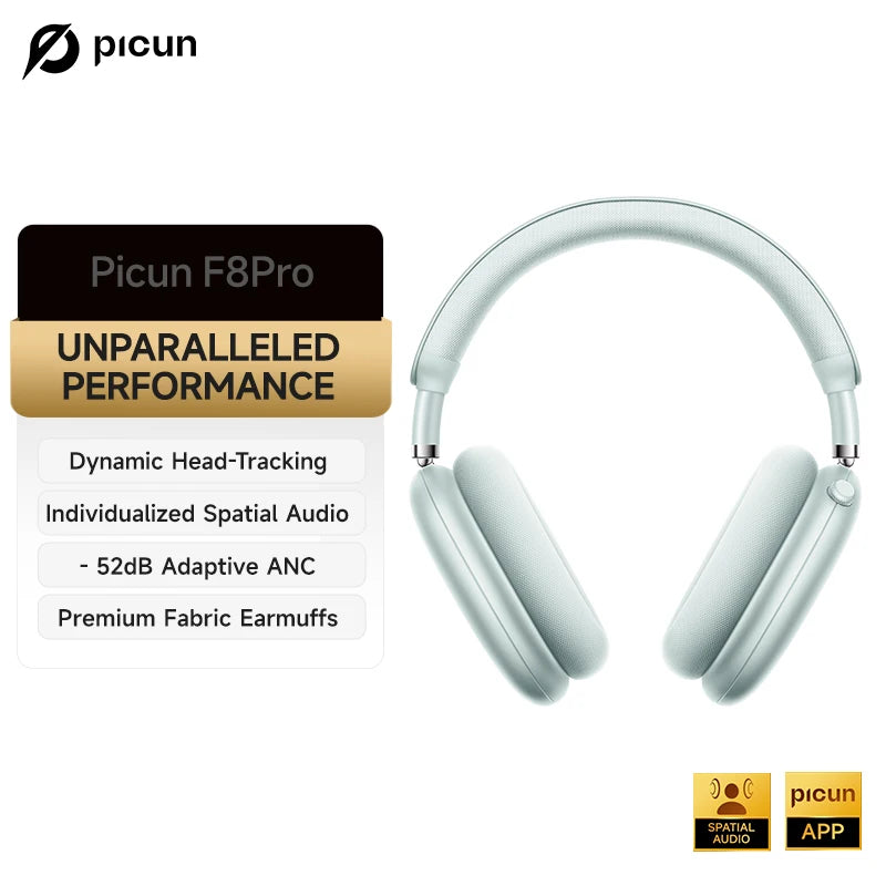Casque Picun F8 Pro ANC -52dB Spatial 3D Head Tracking BT 5.4 140h 5 Micros ENC – CLEVI Paris