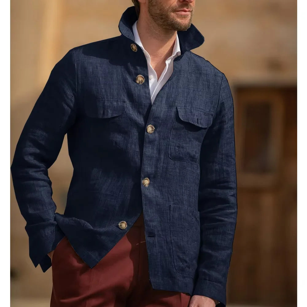 Veste Safari Lin Homme Col Montant – CLEVI Paris