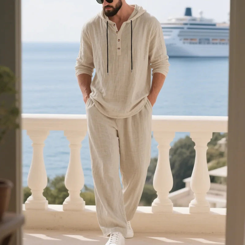Ensemble Homme Chemise Henley Lin À Capuche Manches Longues + Pantalon Casual Voyage Printemps Automne – CLEVI Paris