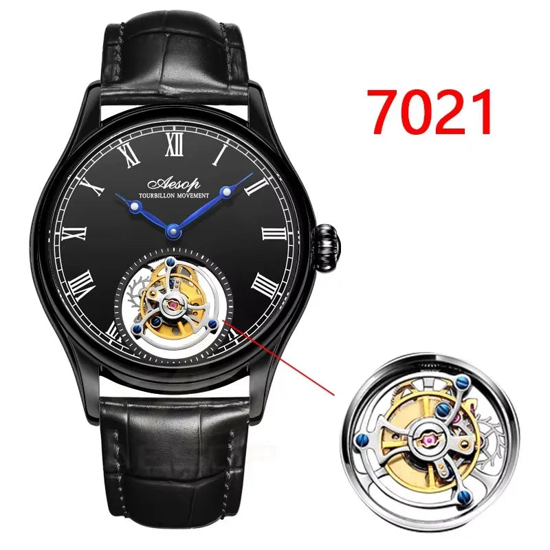 Montre AESOP Tourbillon Volant – Mécanique Squelette Double Face, Verre Saphir, Acier Inoxydable, Cuir, Étanche 5 ATM – CLEVI Paris