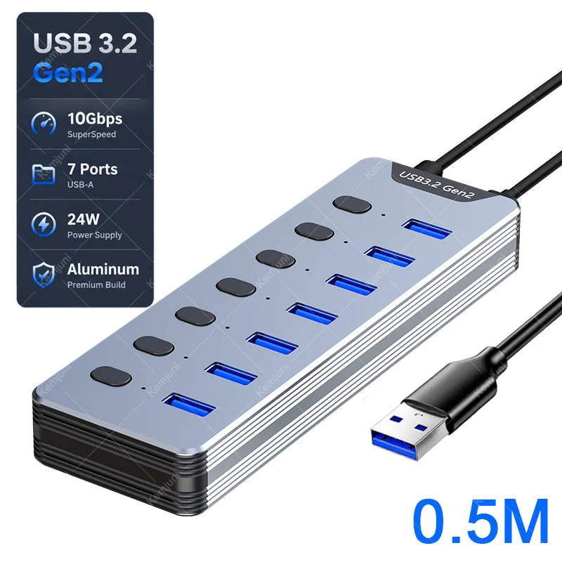 Hub USB 3.0 7 Ports Interrupteurs Individuels Alimentation 24W 5Gbps – CLEVI Paris