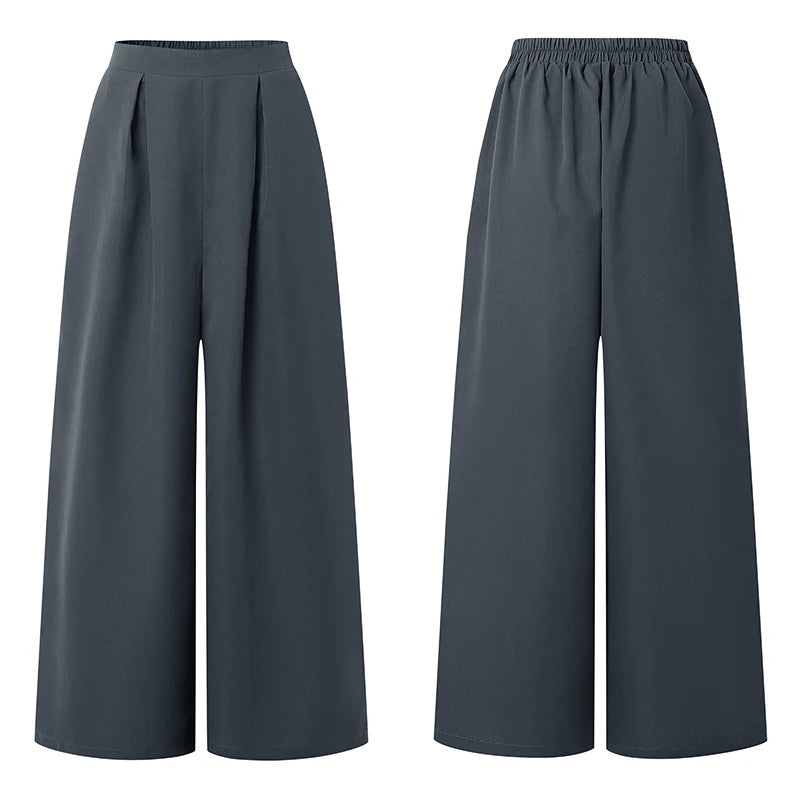 Pantalon Femme Taille Haute Élastique Plis Inversés Jambe Large Bureau Casual – CLEVI Paris