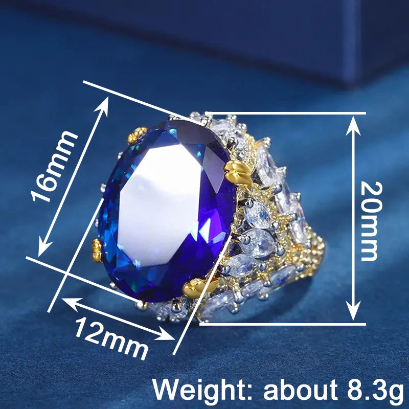Bague Cocktail Femme Huitan A257 – Zircone Cubique Ovale Bleue Bicolore Tendance