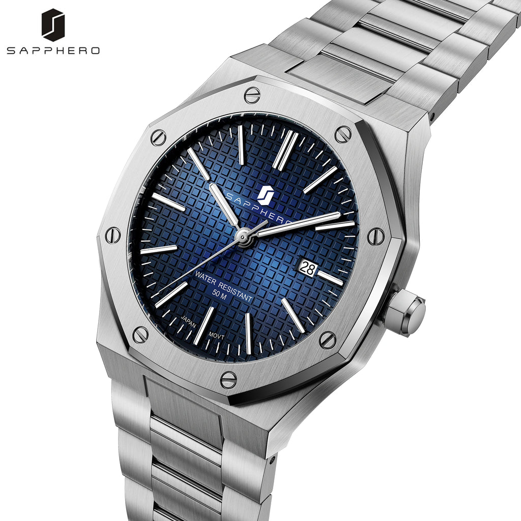 Montre SAPPHERO SO2110 – Quartz Seiko TMI PC32, Acier 316L, Cadran Octogonal, Date, Aiguilles Lumineuses, Étanche 5 ATM – CLEVI Paris