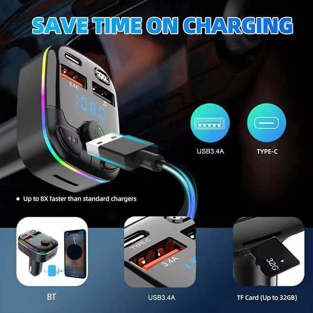 Transmetteur FM Bluetooth 5.0 Voiture – Chargeur USB Type-C & Lecteur MP3