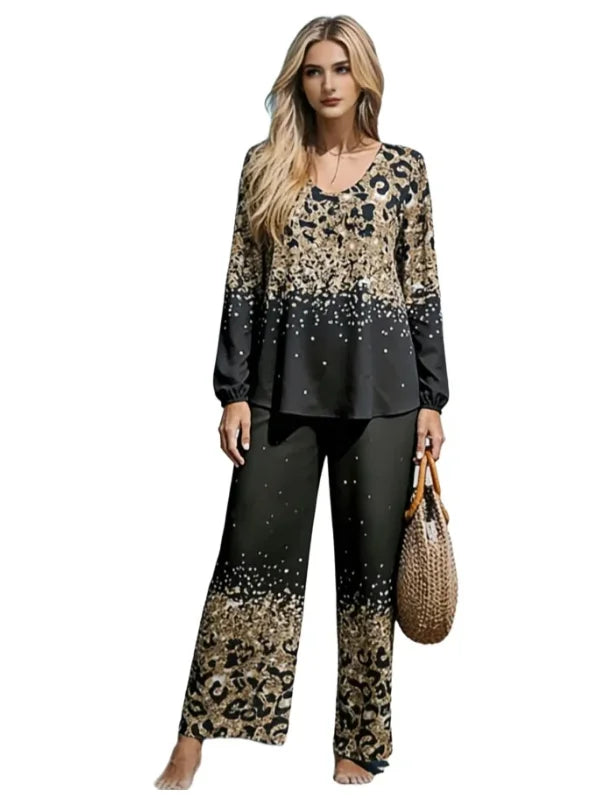 Ensemble 2 Pièces Femme Blouse Col V Manches Longues + Pantalon Large Imprimé Léopard Casual – CLEVI Paris
