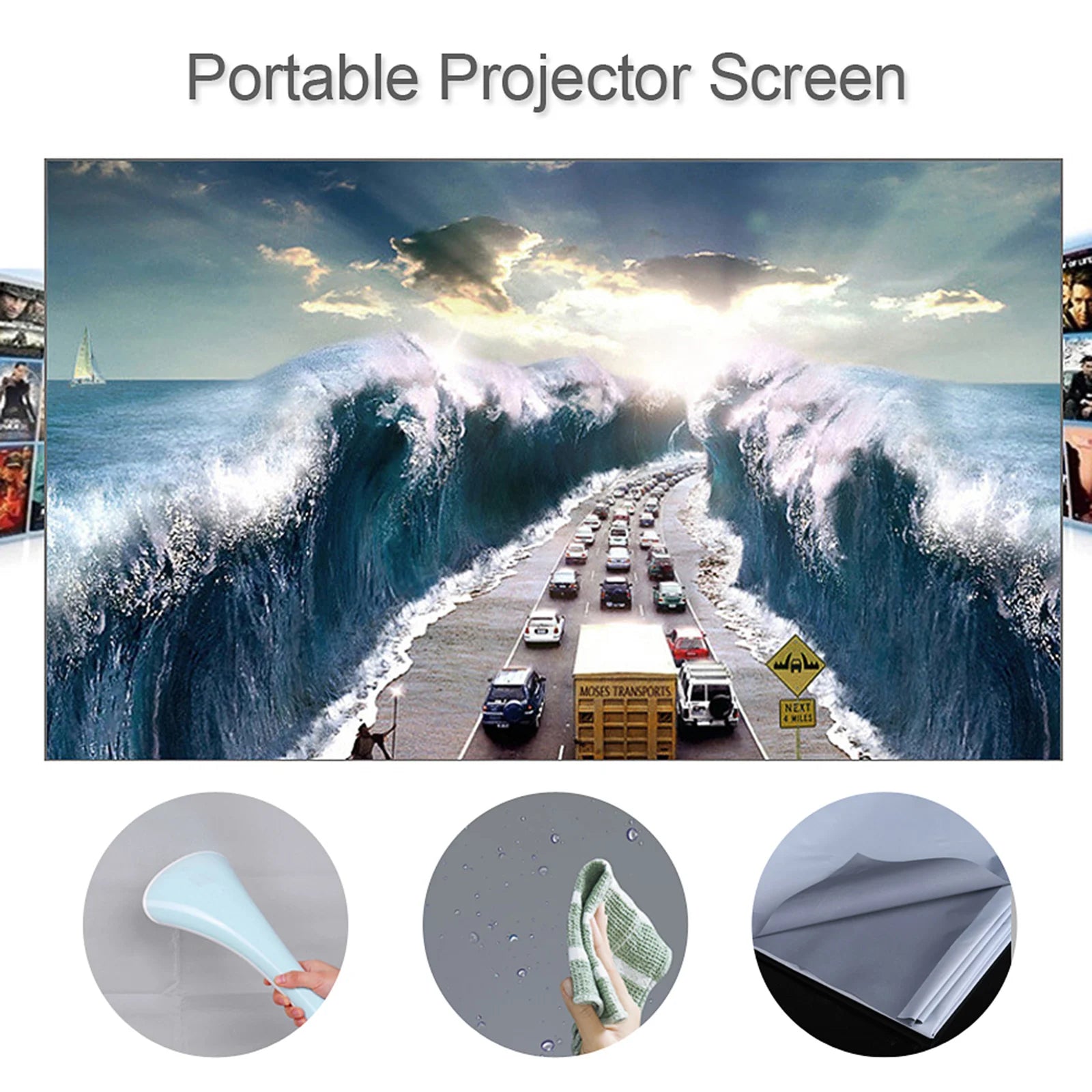 Toile de Projection Portable 16:9 Grise – Anti-Lumière, Sans Cadre, 60 à 120 Pouces, Home Cinéma & Bureau – CLEVI Paris