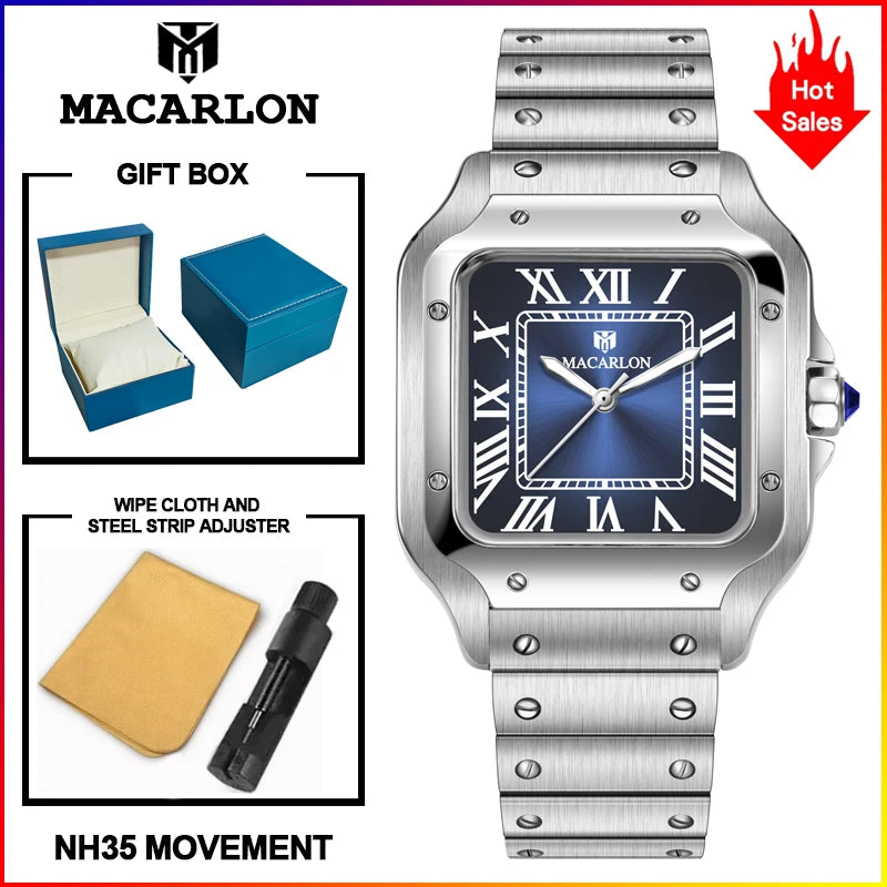 Montre Mécanique Homme MACARLON 1715 – 38mm, Saphir, NH35 Automatique & Étanche 100m