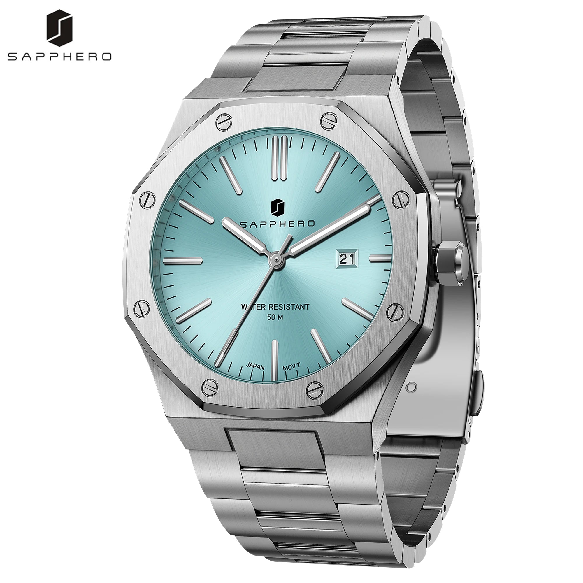 Montre SAPPHERO SO2110 – Quartz Seiko TMI PC32, Acier 316L, Cadran Octogonal, Date, Aiguilles Lumineuses, Étanche 5 ATM – CLEVI Paris