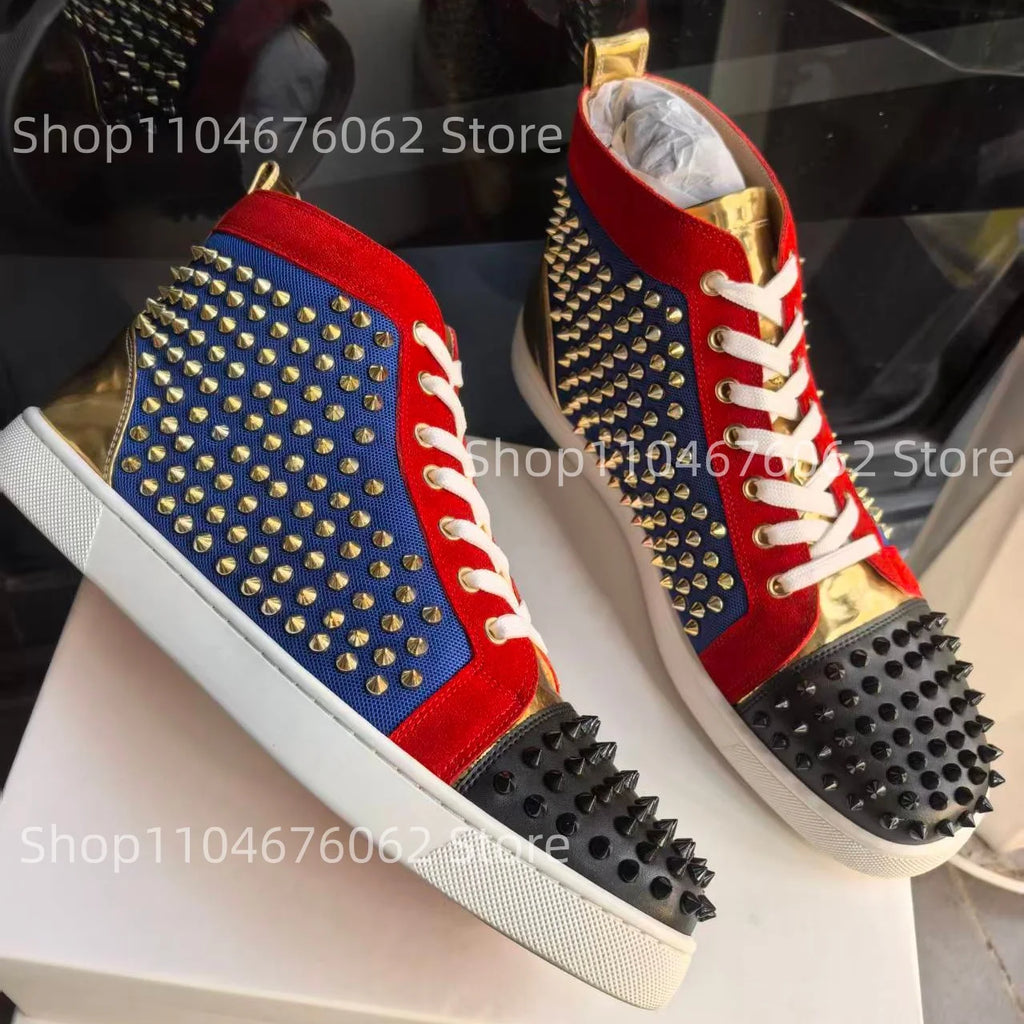 Sneakers Montantes Punk – Clous, Color Block Bleu Rouge & Or, Lacets | Femme & Homme