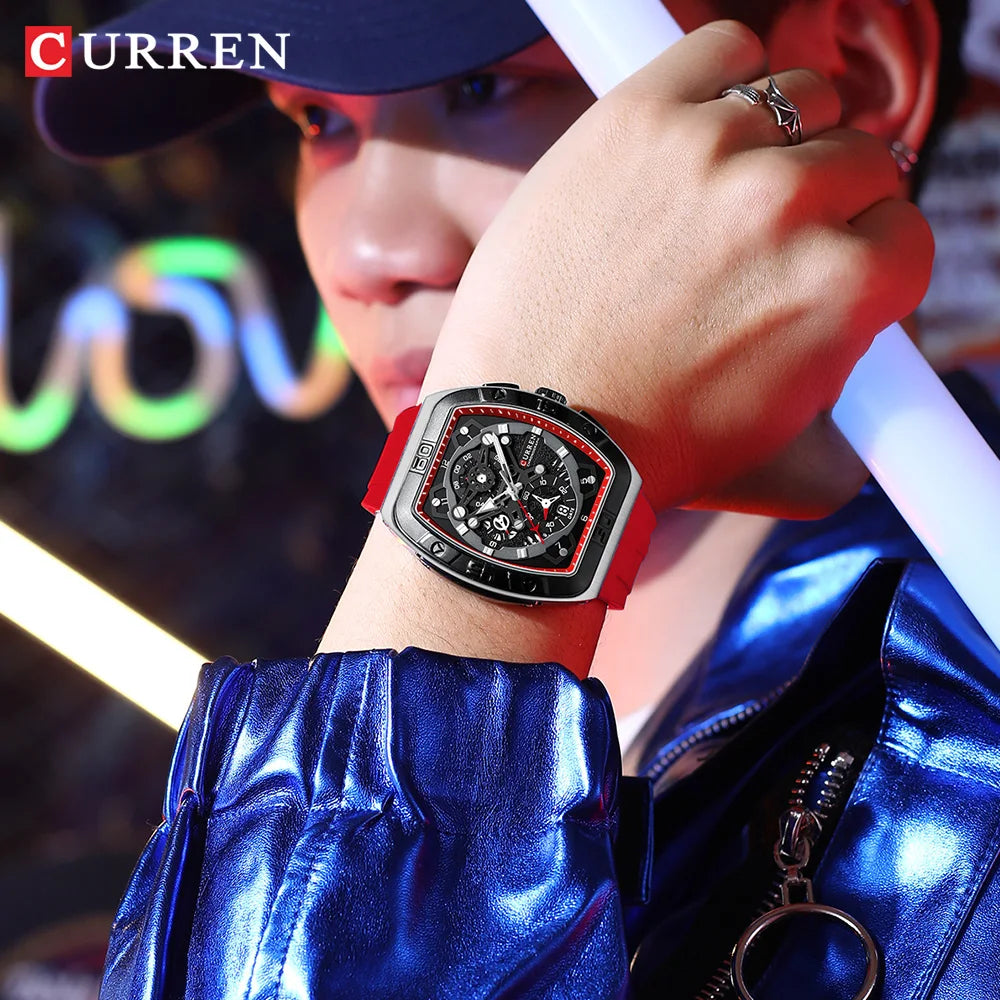 Montre Chronographe Homme CURREN – Boîtier Tonneau, Bracelet Silicone Sport