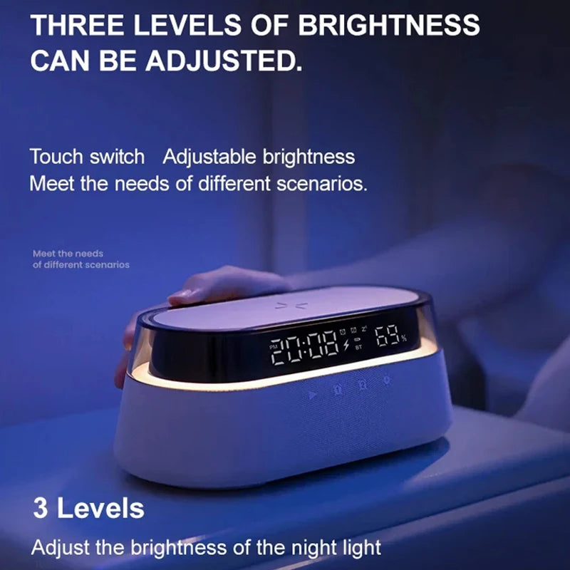 Réveil Intelligent 6-en-1 Chargeur Sans Fil 15W Enceinte Bluetooth Radio FM LED RGB – CLEVI Paris