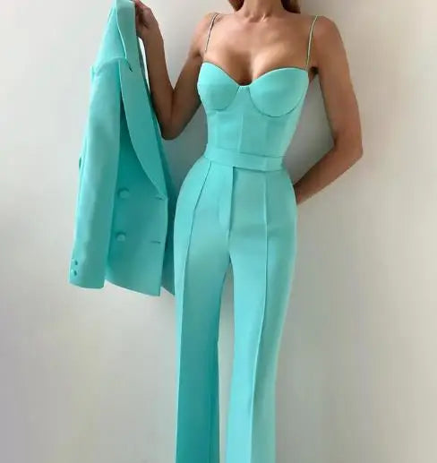 Ensemble 3 Pièces Femme – Top Bretelles + Pantalon Taille Haute + Blazer | Bureau & Casual | Turquoise, Violet | S-XXL