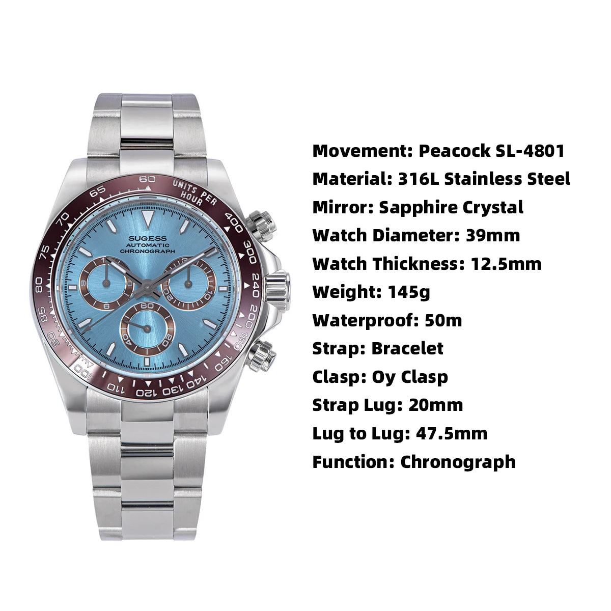 SUGESS Montre Automatique Homme Chronographe Peacock SL-4801 Saphir Acier 39mm 50m – CLEVI Paris