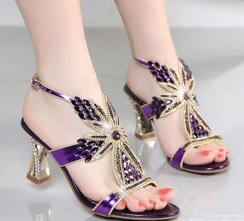 Sandales Femme Talon Carré Cuir Véritable Strass Bout Ouvert Mariage – CLEVI Paris
