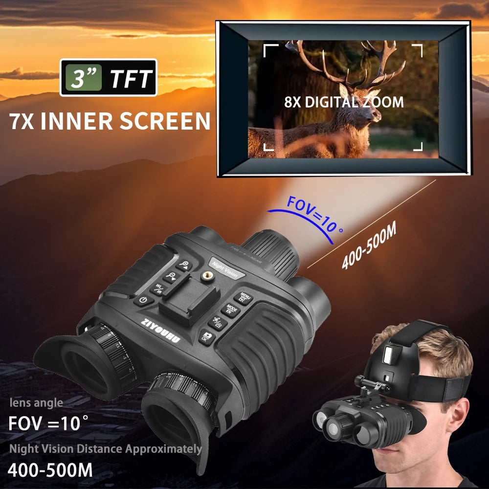 Jumelles Vision Nocturne 4K ZIYOUHU NV8360 – Portée sur Tête, Grossissement 7x, Zoom 8x, Écran 3", Batterie 4500 mAh, Chasse – CLEVI Paris