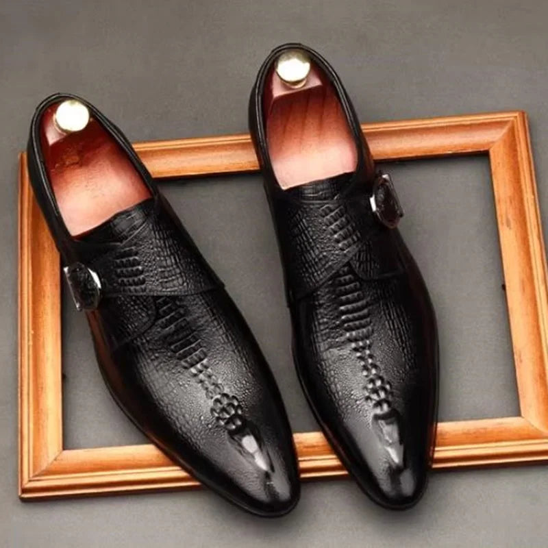 Mocassin Monk Strap Homme Cuir Motif Crocodile – Bout Pointu, Style Britannique, EU 36-46 – CLEVI Paris