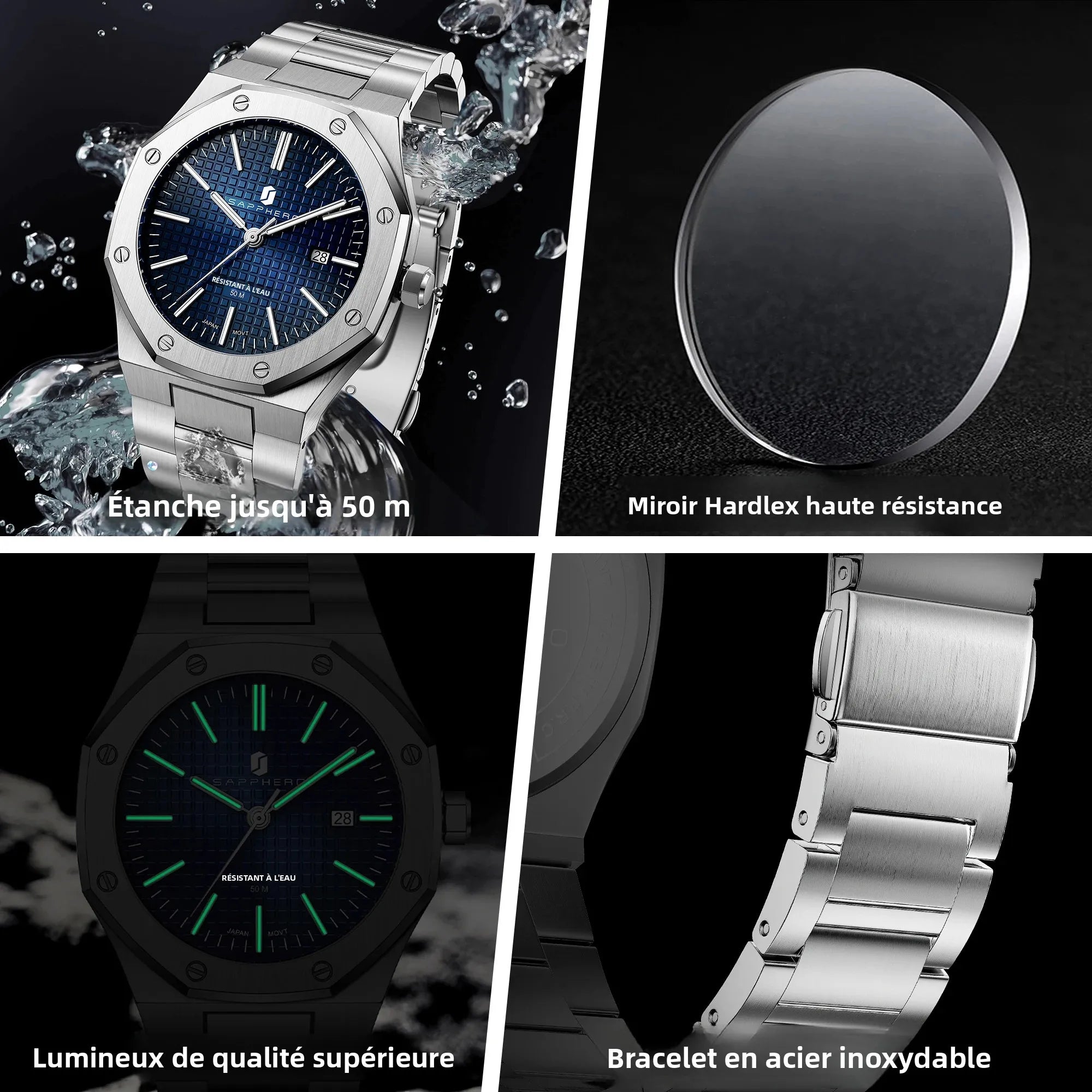 Montre SAPPHERO SO2110 – Quartz Seiko TMI PC32, Acier 316L, Cadran Octogonal, Date, Aiguilles Lumineuses, Étanche 5 ATM – CLEVI Paris