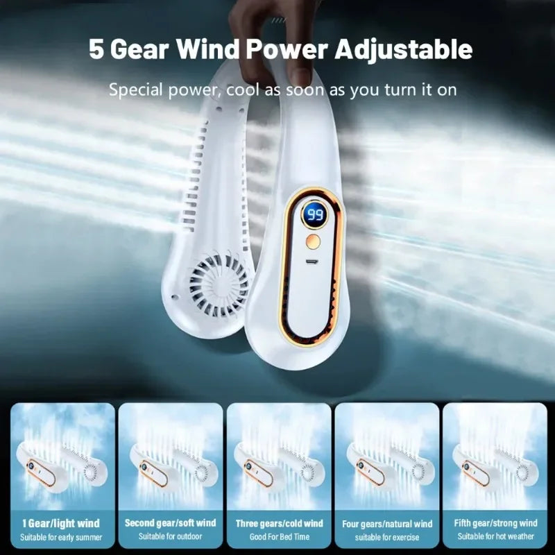 Ventilateur de Cou Sans Lame – Portable Silencieux USB Rechargeable 5 Vitesses Affichage Batterie Sport Bureau – CLEVI Paris