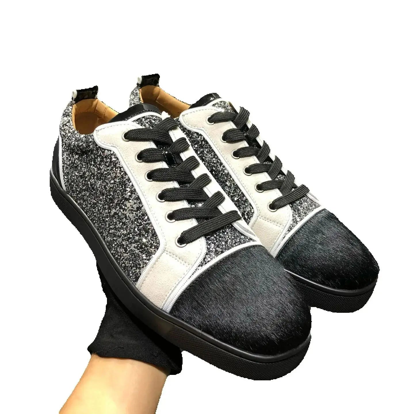 Sneakers Basses Cuir Véritable Noir Brillant Rivets Semelle Rouge Homme – Tailles 35-48 – CLEVI Paris