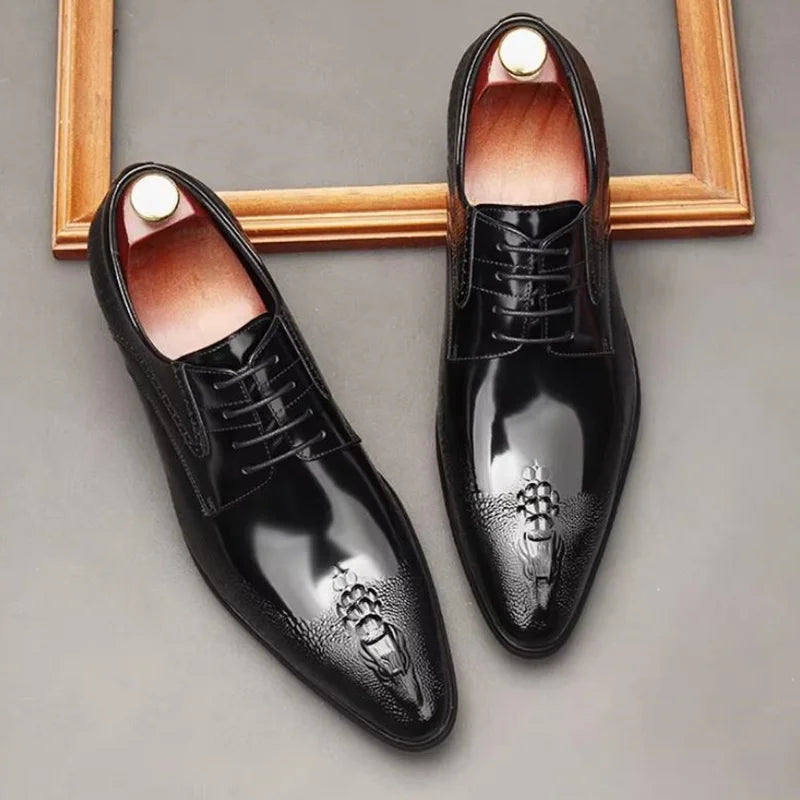 Derby Homme Cuir Verni Motif Crocodile – Bout Pointu, Lacets, Business & Soirée – CLEVI Paris