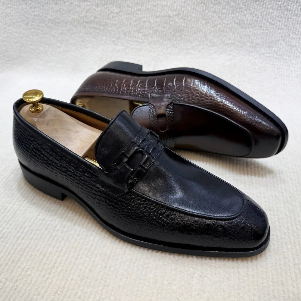 Mocassins Homme Cuir Vache Imprimé Crocodile Double Boucle Slip-On Bout Pointu Mariage Business EU 39-46 Felix Chu – CLEVI Paris