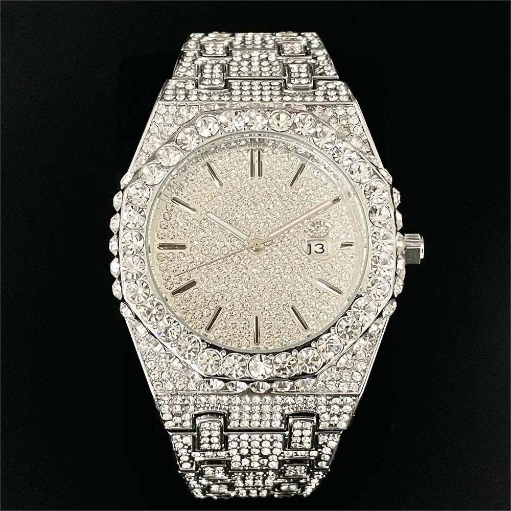 MISSFOX V359 – Montre Quartz Homme Hip Hop | Full Diamants, Plaqué Or 18K, Acier Inoxydable