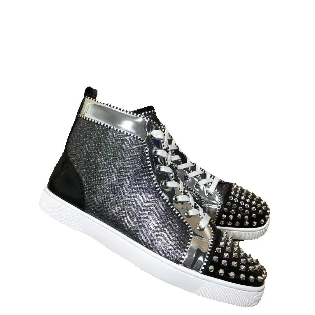 Sneakers Montantes Cuir Véritable Color Block Rivets Argentés Homme – Semelle Rouge, Lacets, Tailles 35-48 – CLEVI Paris