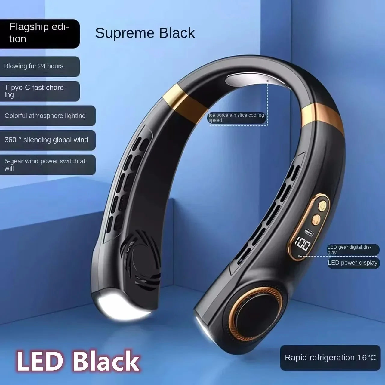 Ventilateur Tour de Cou Sans Lames 8000mAh 100 Vitesses LED USB Rechargeable – CLEVI Paris