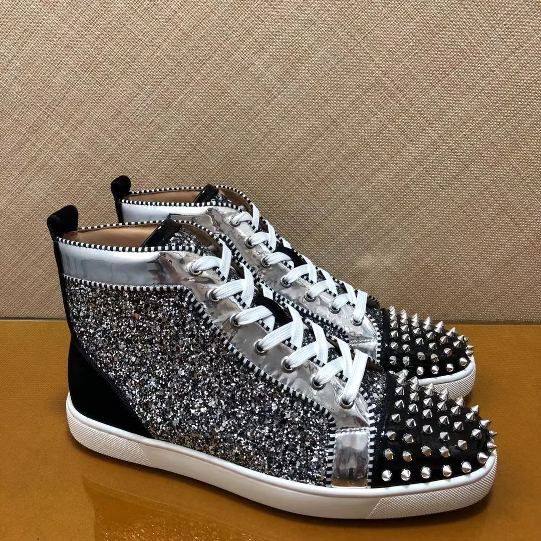Sneakers Montantes Cuir Véritable Paillettes Argent – Rivets, Semelle Rouge, Unisexe, Tailles 35-48 – CLEVI Paris