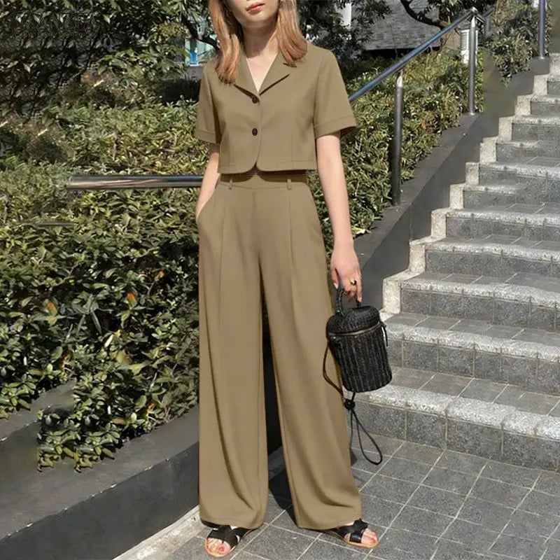 Ensemble 2 Pièces Femme Crop Top Col Rabattu Manches Courtes Boutonné + Pantalon Large Taille Haute Élastique Poches Casual OL Marron Kaki Marine – CLEVI Paris