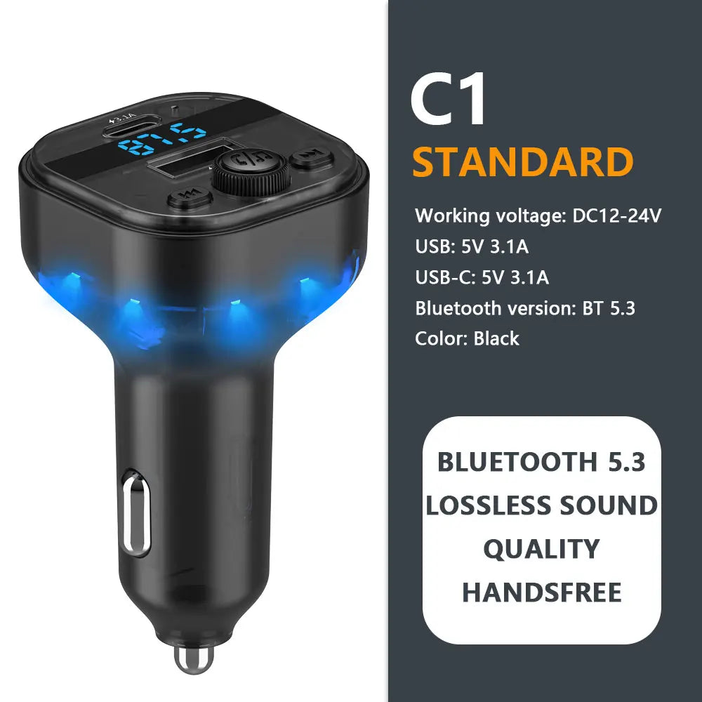 Émetteur FM Voiture Bluetooth 5.3 – Charge USB+Type-C Mains Libres Lecteur MP3 Lumières Ambiance 12-24V – CLEVI Paris