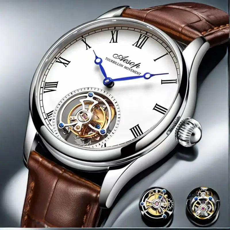 Montre AESOP Tourbillon Volant – Mécanique Squelette Double Face, Verre Saphir, Acier Inoxydable, Cuir, Étanche 5 ATM – CLEVI Paris