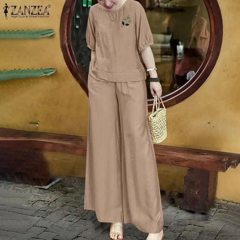 Ensemble 2 Pièces Femme Blouse Manches Bouffantes Broderie Florale + Pantalon Large Casual Bohème – CLEVI Paris
