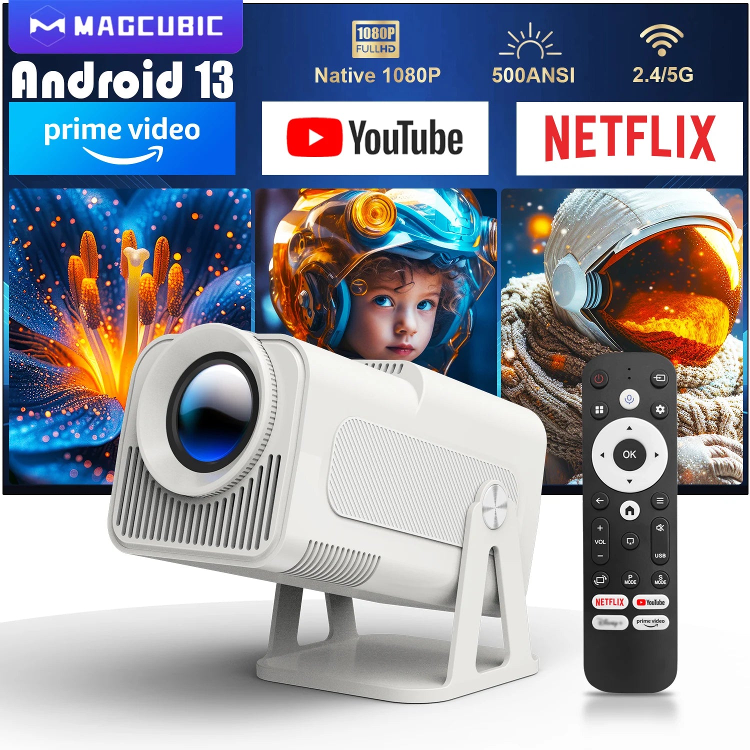Magcubic HY320 NTV Blanc Projecteur Android 13 1080P 500 ANSI Netflix Prime YouTube WiFi BT 5.2 – CLEVI Paris