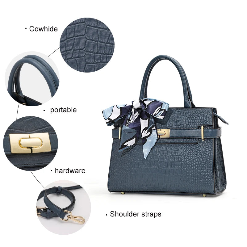Sac à Main Femme Cuir Véritable – Motif Crocodile | Foulard Soie | Port Épaule & Bandoulière