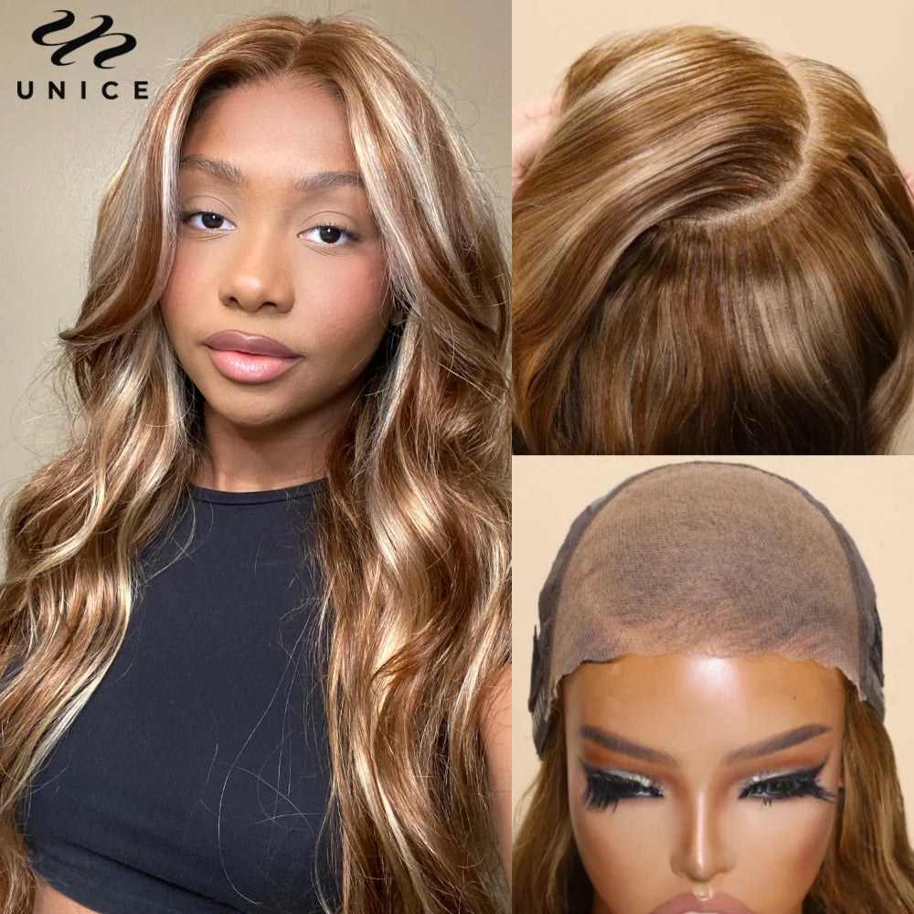 Perruque Body Wave brune à mèches blondes 7x5 – CLEVI Paris