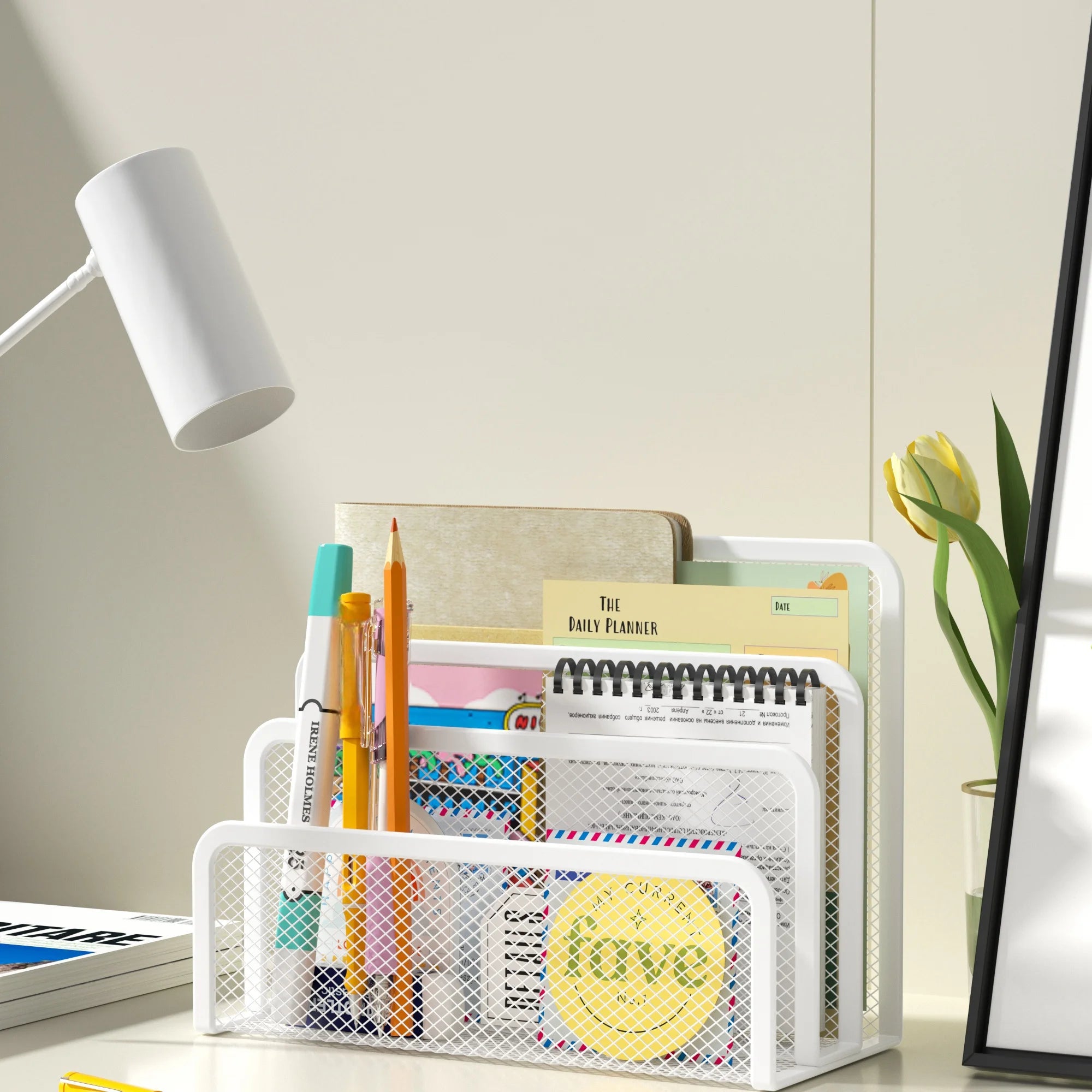 Organiseur de Bureau Métal 3 Niveaux | Porte-Documents Grille, Noir & Blanc, Bureau & École – CLEVI Paris
