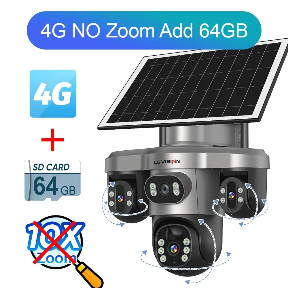 Caméra Solaire LS VISION 20MP 4 Objectifs 3 Écrans PTZ Zoom 10x 4G/Wi-Fi IP66 V380 Pro – CLEVI Paris