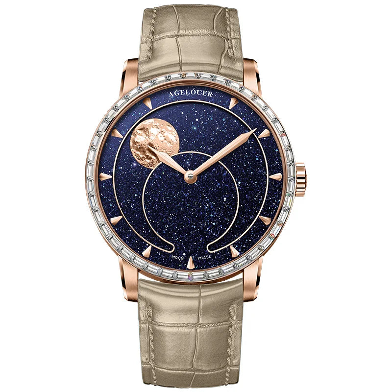 AGELOCER Montre Automatique Homme Phase de Lune Aventurine Saphir Réserve 80h – CLEVI Paris
