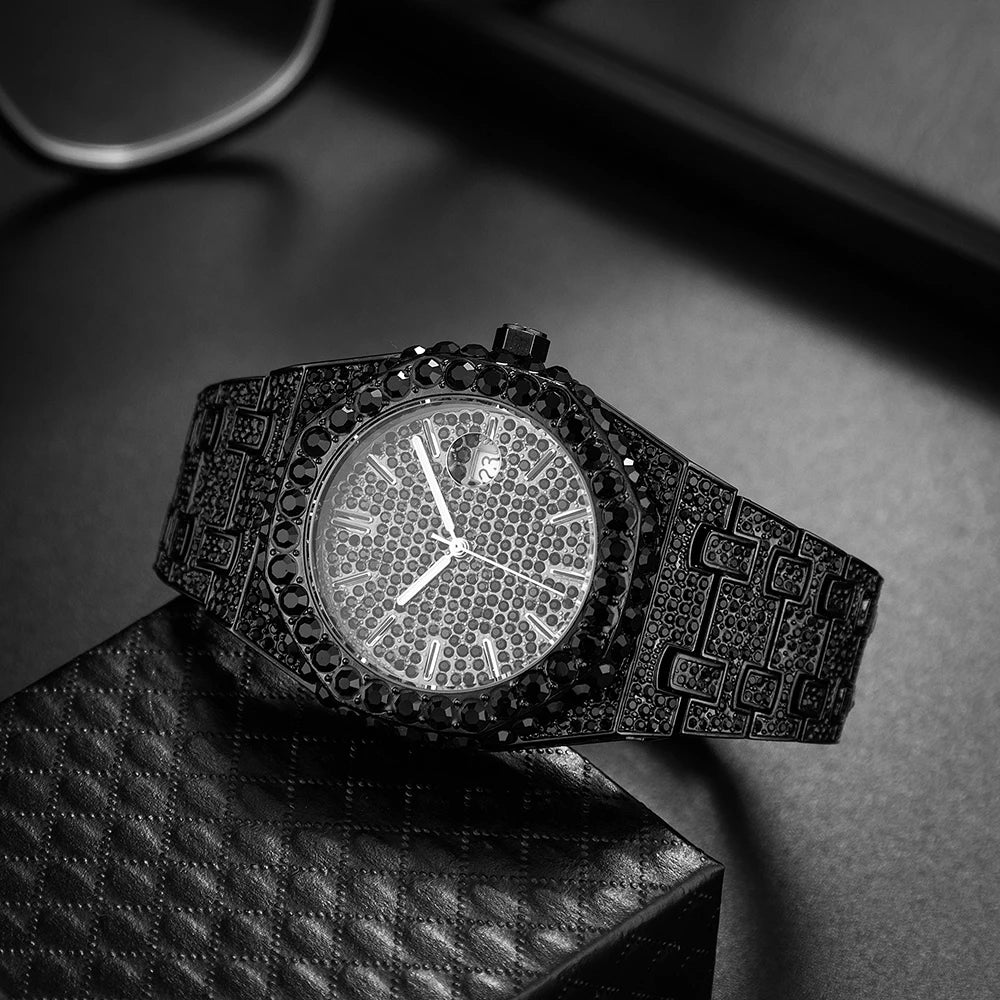 MISSFOX V359 – Montre Quartz Homme Hip Hop | Full Diamants, Plaqué Or 18K, Acier Inoxydable
