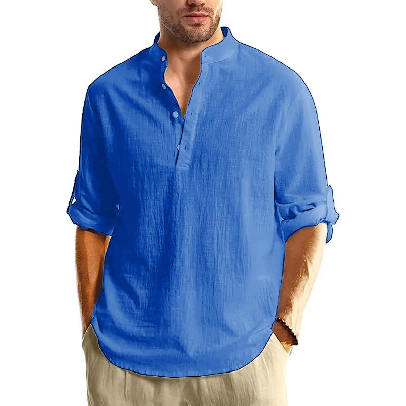 Chemise Henley Homme Manches Longues 100% Coton – Col Montant, Style Streetwear Casual, Grande Taille