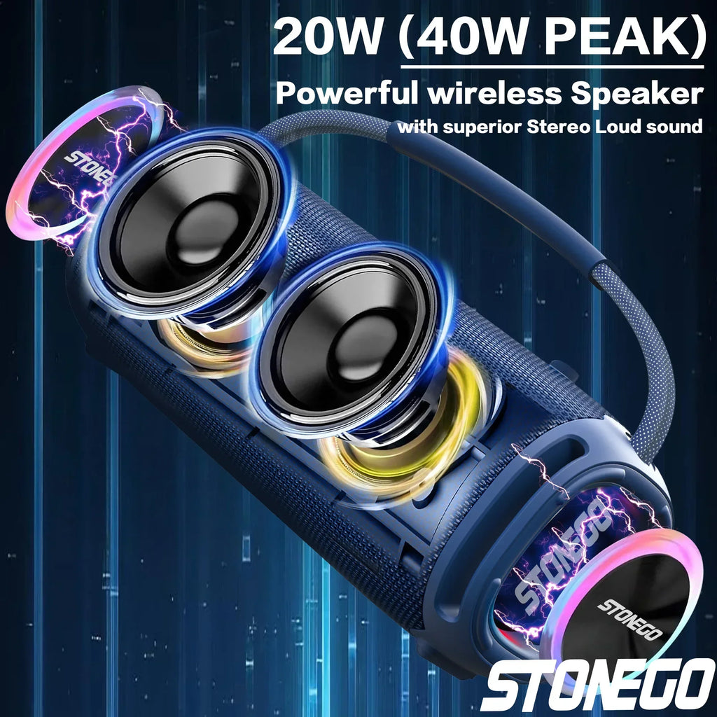 Enceinte Bluetooth 20W – IPX6, RGB, TWS, 33h, AUX & TF | STONEGO