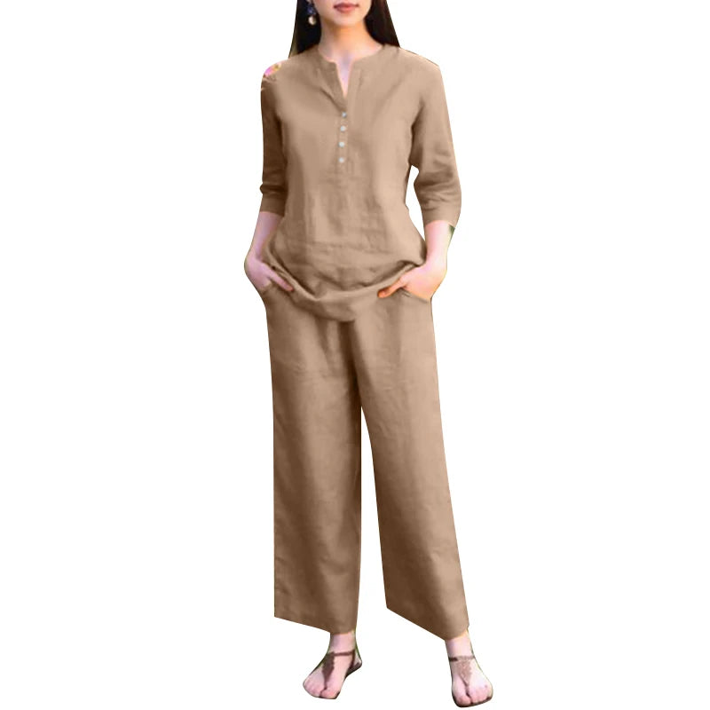 Ensemble 2 Pièces Femme Blouse Col V Manches 3/4 + Pantalon Large Taille Haute Casual Chic – CLEVI Paris
