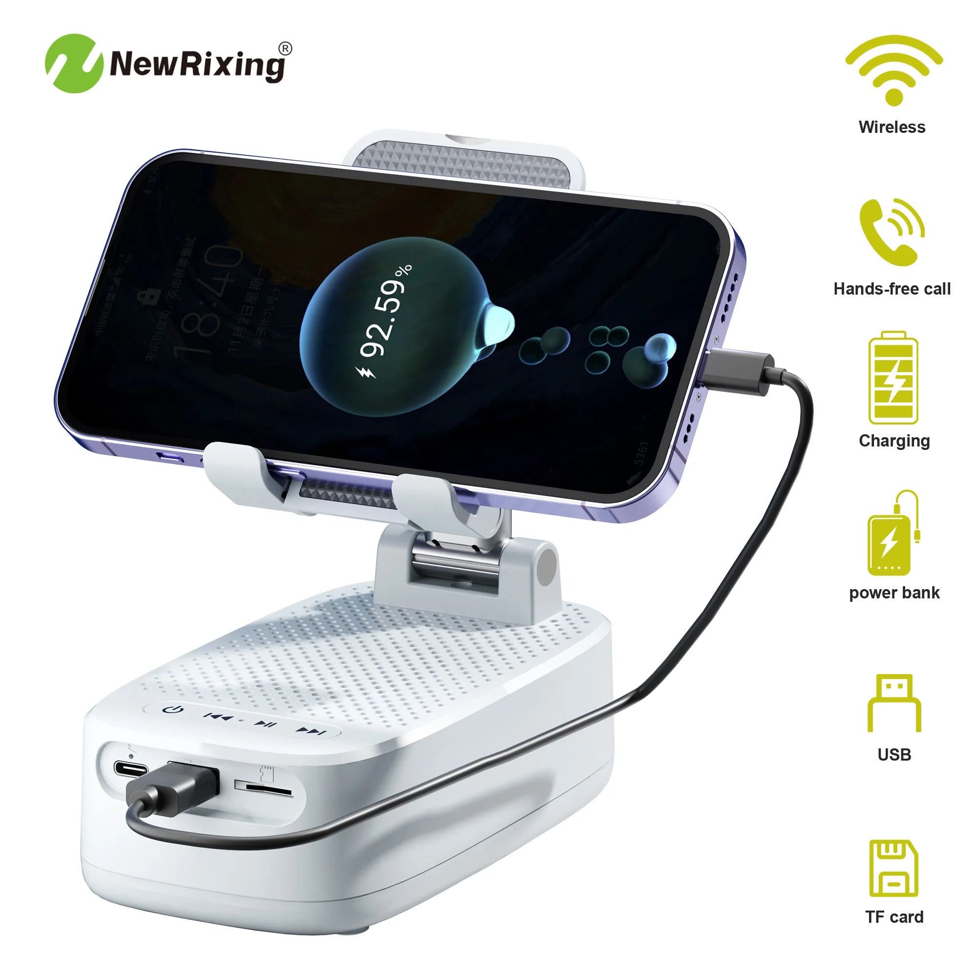 Support Téléphone 3-en-1 – Enceinte Bluetooth, Power Bank 1800mAh, Mains Libres | NewRixing